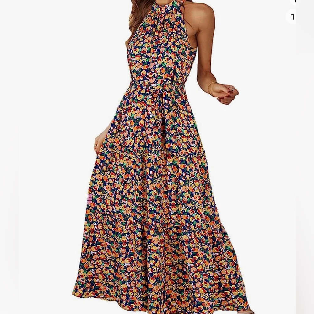 Navy & Floral Maxi Dress with Belt